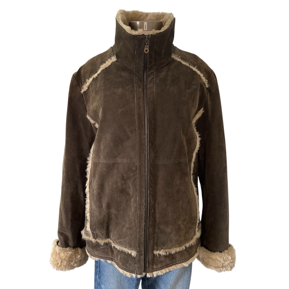 Wilsons Leather 100% leather suede coat faux fur trim brown olive XL - Picture 3 of 16